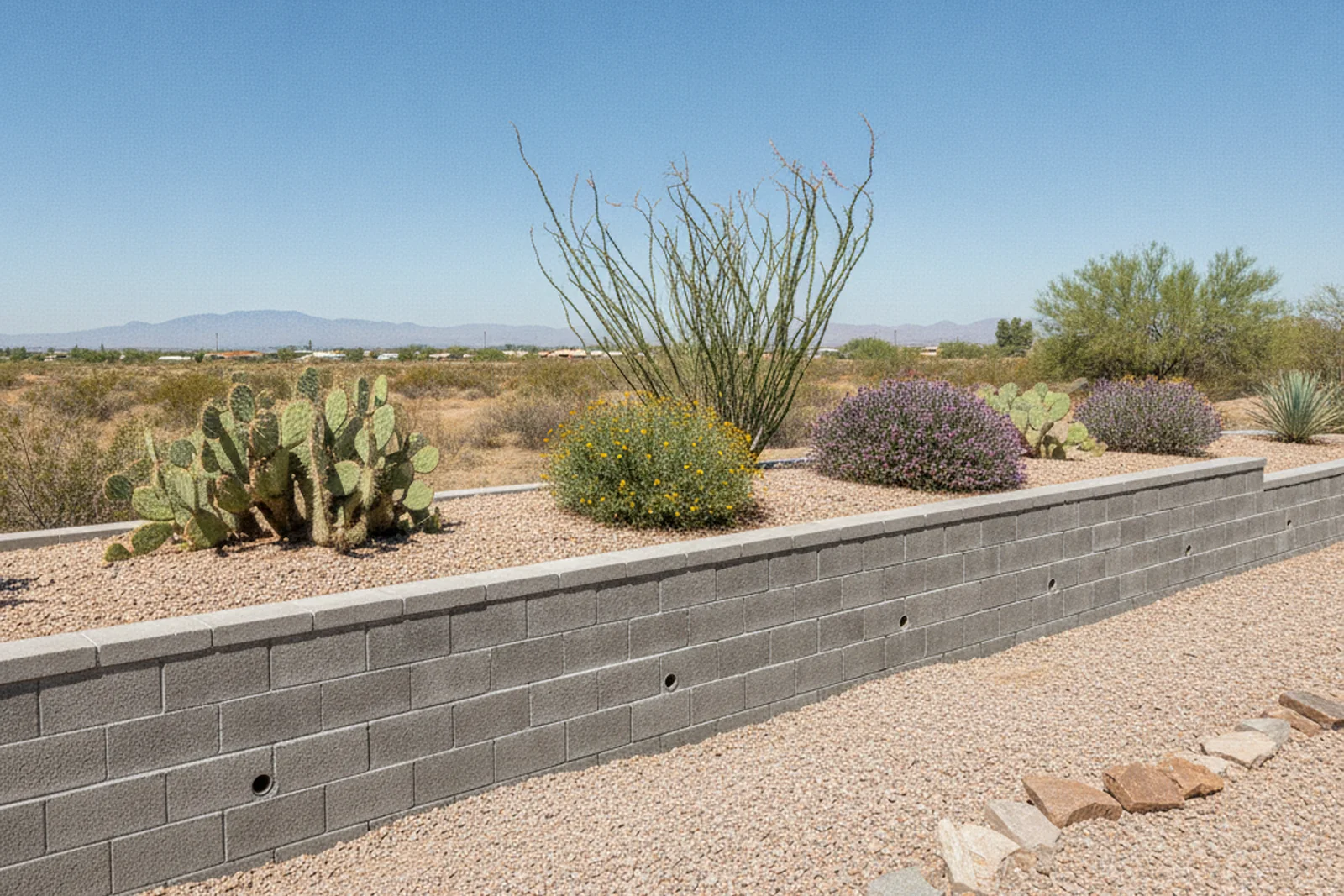Completed CMU block retaining wall Yuma Arizona Yuma County monsoon drainage weep holes desert residential